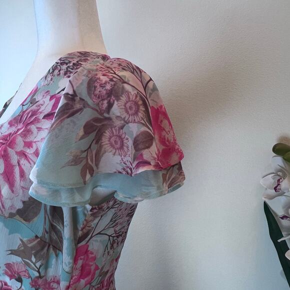 Eliza J Cascading Ruffled Floral Maxi Dress Faux Wrap Flutter Sleeve A-Line 10 - Picture 9 of 13